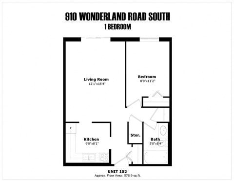 Floor plan for 1 bed, 1 bath, 579 sqft
